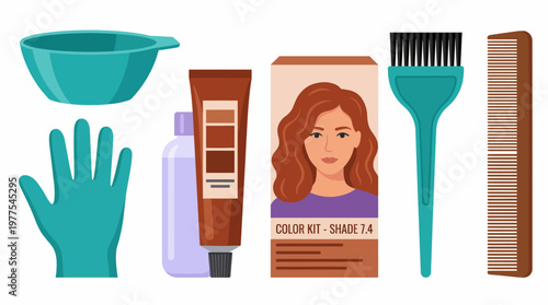 An illustrated array of hair coloring kit essentials including dye, gloves, and brushes symbolizing personal grooming and self-expression through hair care.