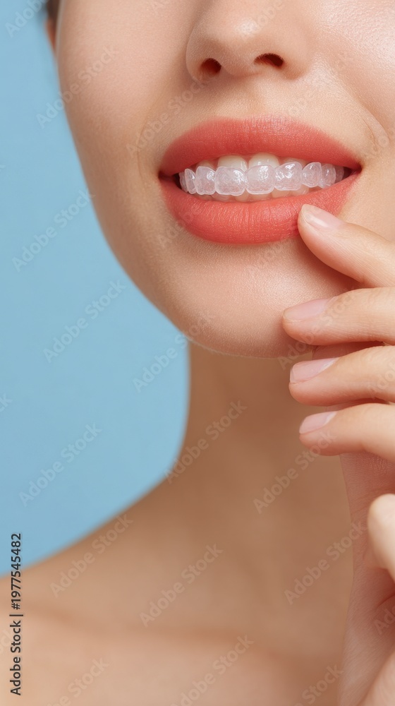 Obraz premium Close Up Of Woman Smiling With Clear Aligners And Sparkly Lips Against Blue Background