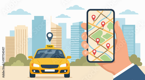 A vibrant illustration shows a hand holding a smartphone displaying a map with a marker, alongside a yellow taxi, symbolizing modern transportation methods like ride-sharing.