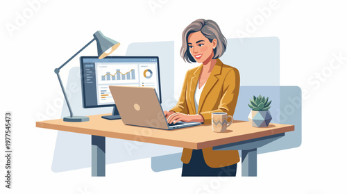 A professional woman in a smart outfit works at her modern desk, showcasing the blend of technology and creativity in today’s busy corporate world.