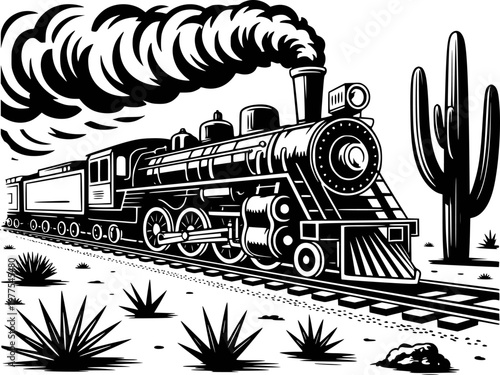 Tableau sur toile Vintage steam locomotive chugging through a desert landscape with saguaro cactus