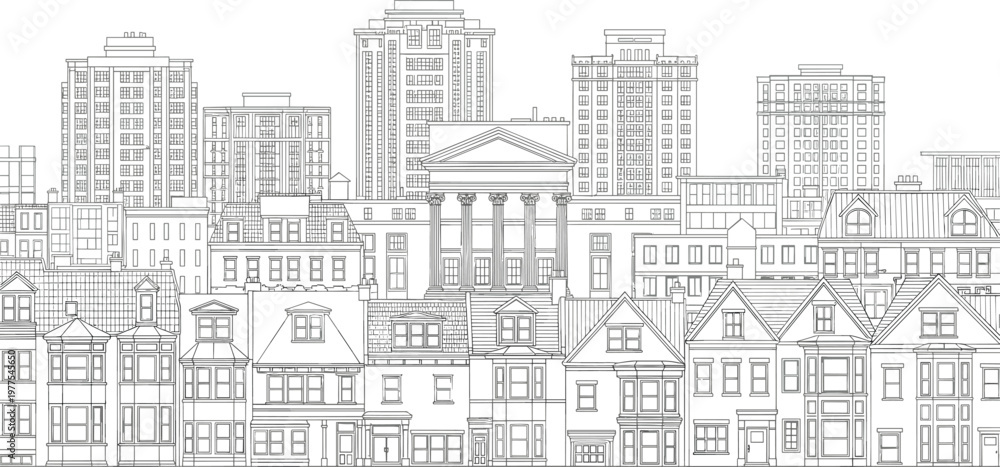 Obraz premium Detailed urban city skyline vector illustration featuring modern skyscrapers and classic residential houses for real estate architecture and metropolitan landscape design.