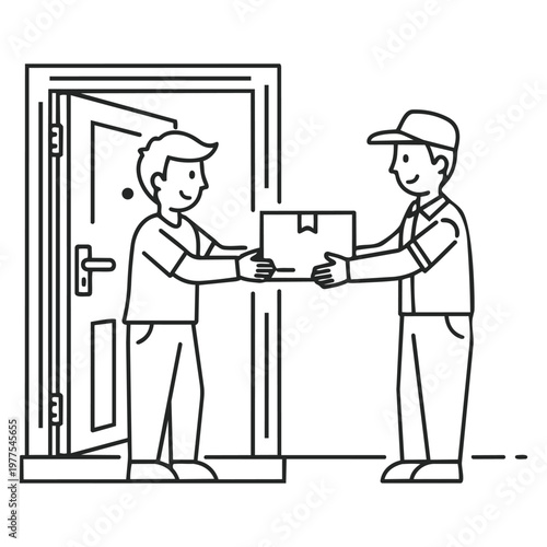 Delivery interaction: A courteous delivery person hands over a package to a customer, a seamless exchange illustrating swift and efficient service, this scene highlights promptness and reliability.