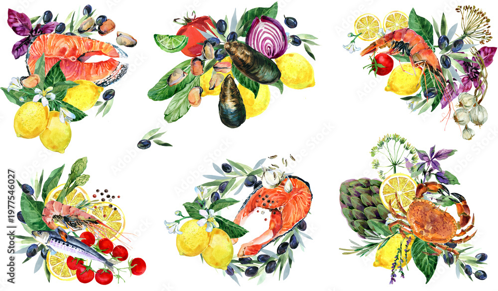 Obraz premium Watercolor Seafood and Lemon Composition: Salmon Steak, Lemon, Olives, and Herbs Isolated Illustration