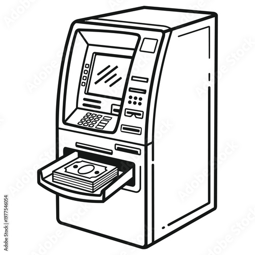 ATM Money Dispensing: An illustration of an Automated Teller Machine dispensing money, with focus on financial transactions.