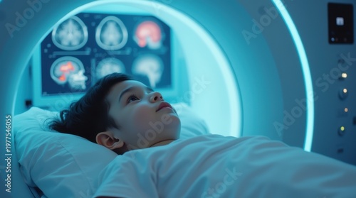 Young child lies in MRI machine, looking curious. Medical scan of brain performed with modern tech. Hospital bed, bright blue light, screen displays scans.