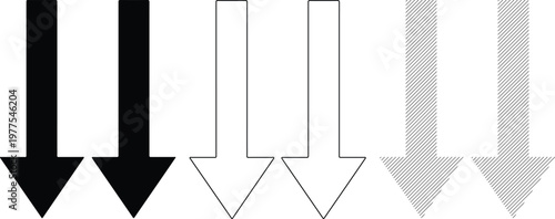 Down Arrows Set Solid Black Outline White Striped Gray Directional Symbols Minimalist Vector Icons