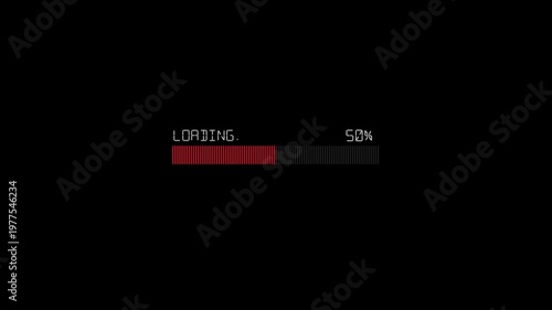 Detailed animation of a digital progress bar with percentage indicator showing percent loading status on a black screen.4k video