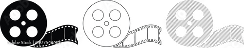 Film Reel and Strip Icons: Black Silhouette Outline and Hatch Effect Variations for Cinema Concepts