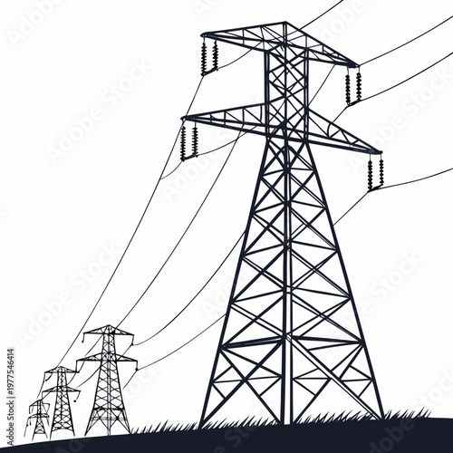 A striking black and white illustration depicts several large geometric high voltage electricity pylons stretching towards the sky high quality professional detailed