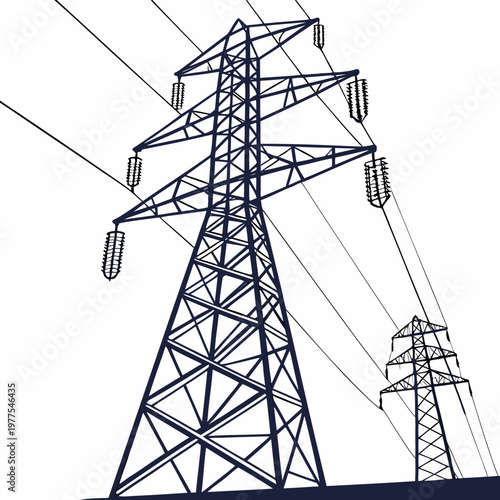A stylized blue toned illustration depicts a tall electrical transmission tower with multiple insulators and connecting power lines high quality professional detailed