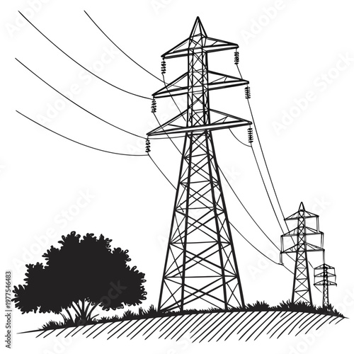 A stark black and white illustration depicts towering electrical power lines and transmission towers against a simple landscape high quality professional detailed