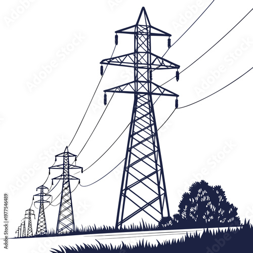 A minimalist illustration depicts several high voltage electricity pylons receding into the distance against a bright white background high quality professional detailed