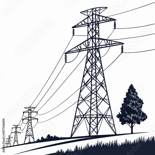 A graphic illustration depicts a series of high voltage electricity transmission towers receding into the distance with a tree high quality professional