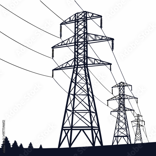 A simplified illustration depicts several high voltage electricity pylons receding into the distance over a dark silhouetted landscape high quality professional detailed