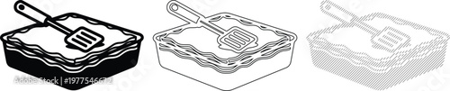 Layered Casserole Dish with Spatula Three Styles: Solid Outline Hatch Fill. Food Preparation Icon