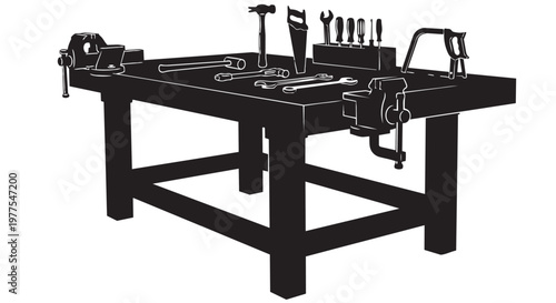 Black workbench, industrial table, toolbox, metal workshop bench