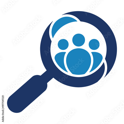 Magnifying glass focusing on a group of people icon illustration