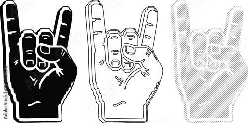 Rock On Hand Gesture Icons Silhouette Line Art and 3D Rendered Foam Finger Styles