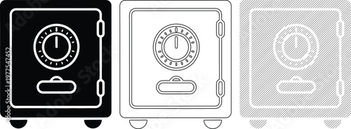 Security Safes with Combination Locks Three Styles: Solid Black Outline and Hatch Pattern for Asset Protection