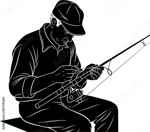 A solitary fisherman sits patiently with his fishing rod enjoying a peaceful moment by the water's edge