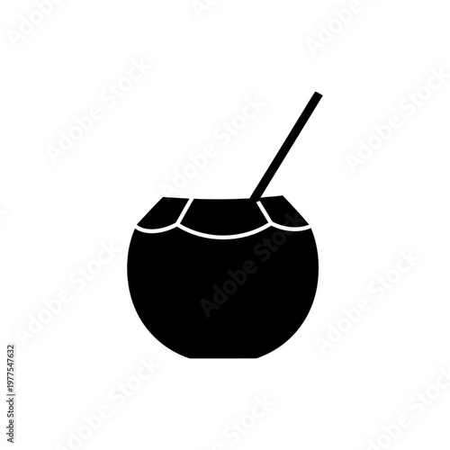 Coconut drink silhouette with straw icon isolated on transparent background vector graphic.