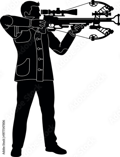 Silhouette of an archer aiming with a modern crossbow focused on precision and skill