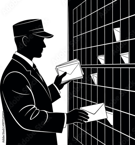 A stark black and white image depicting a postman delivering mail to a prison cell's barred window
