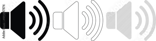 Sound Speaker Icons Set: Volume Levels Audio Signal Waves Black White Striped Graphics Vector Elements