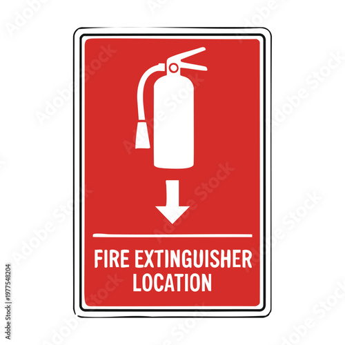 Red fire extinguisher location sign with white arrow.