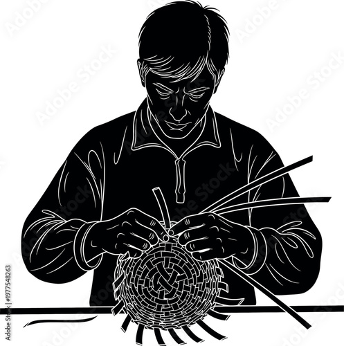 Intricate black and white illustration of a person weaving a basket showcasing traditional craftsmanship and skill