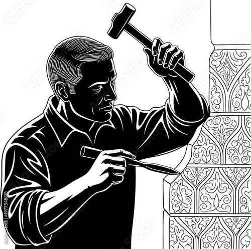 A skilled stonemason meticulously chisels intricate details into a stone block demonstrating craftsmanship and precision