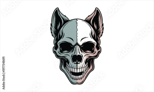 A colorful illustration of a dog skull with a stitched scar on its forehead on isolated white background