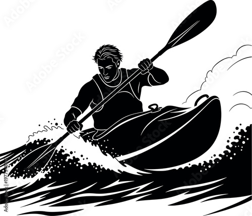 Dynamic kayaking illustration a black and white depiction of a paddler navigating choppy waters with intensity