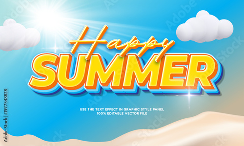 Happy summer 3d editable text effect on beach background vector