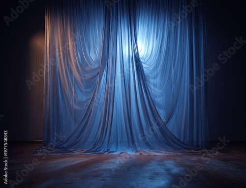 photography, front view, blue transparent textile hanging, warm theatre light is placed behind the curtain.