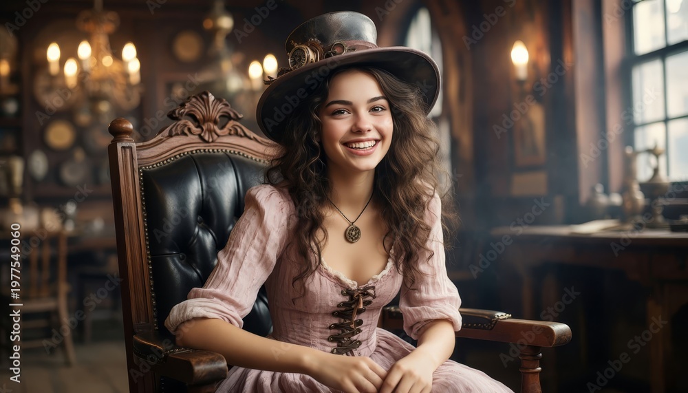 Fototapeta premium A young woman in a vintage dress sits confidently in a chair. The woman in the serene setting smiles, surrounded by elegant decor and warm lighting.
