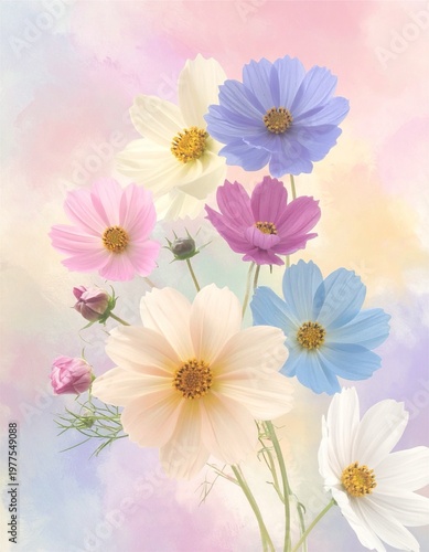 Pastel colors cosmos flowers bouquet on dreamy watercolor background, soft ethereal style greeting card