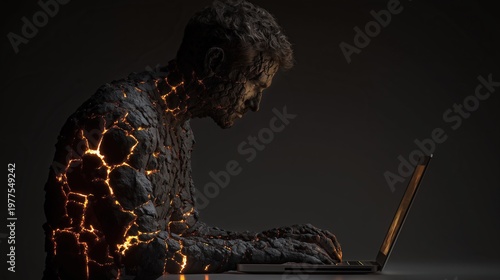 Conceptual shot of an exhausted worker becoming a glowing statue of ash while typing on a keyboard under heavy pressure.