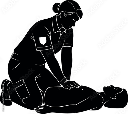 Emergency medical technician providing aid a black and white illustration of life saving care