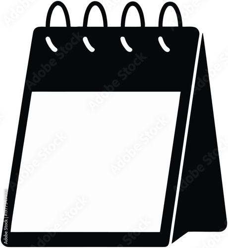 Black and white icon of a blank desk calendar with a spiral binding on a white background. Vector