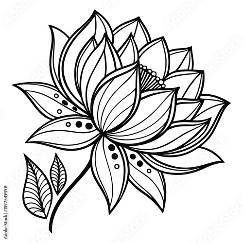 Hand-drawn lotus flower illustration with intricate petal patterns for coloring book design Vector