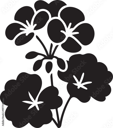 Geranium flower silhouette in black vector icon style, clean and minimal floral design.