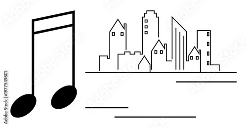 Music, urban , cultural identity, city life, creativity, architectural design. Large music note beside a city skyline. Music and urban themes in a clean design