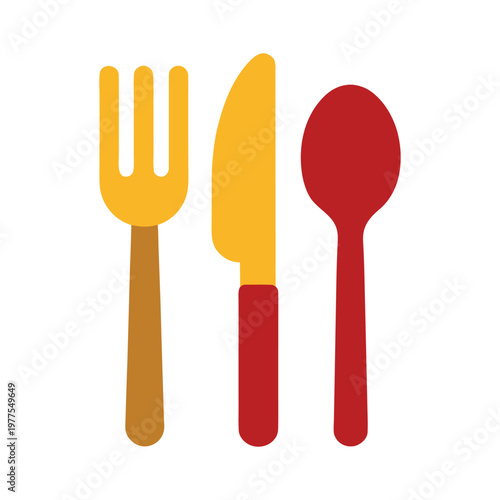 Flat vector illustration of a cutlery set featuring a yellow fork, a knife, and a red spoon Vector