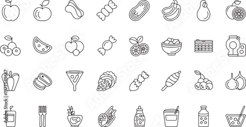 Assorted food and beverage line icons featuring apple cherry candy bottle and snacks for restaurant menu and ecommerce. vector illustration
