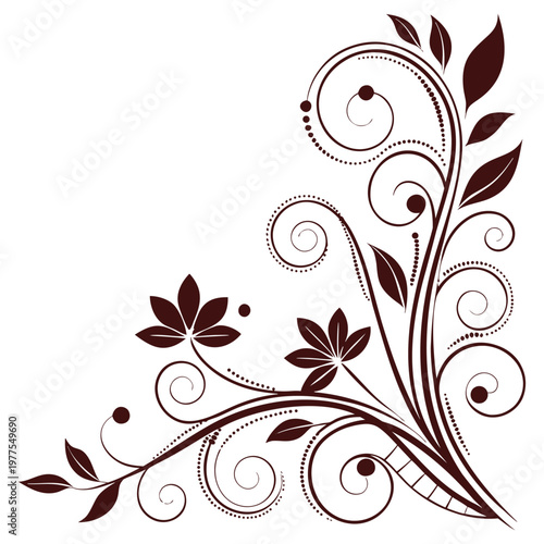 Elegant floral corner ornament with swirling vines and dark maroon flowers on white Vector