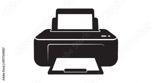 Black printer icon, office equipment symbol, printing device, vector illustration