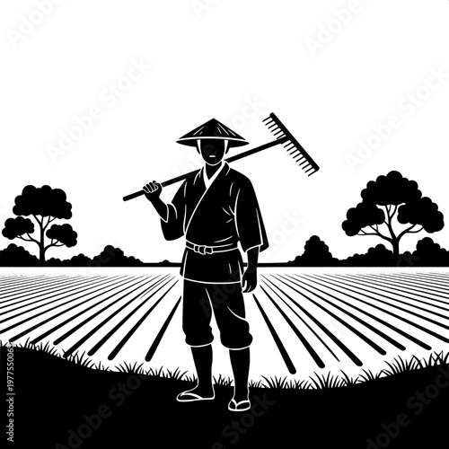 Traditional Asian farmer in rice paddy field with conical hat and water reflection