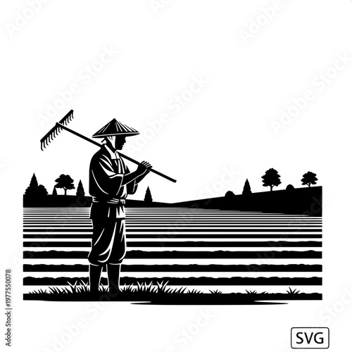 Traditional farmer with rice sickle in rural paddy field illustration